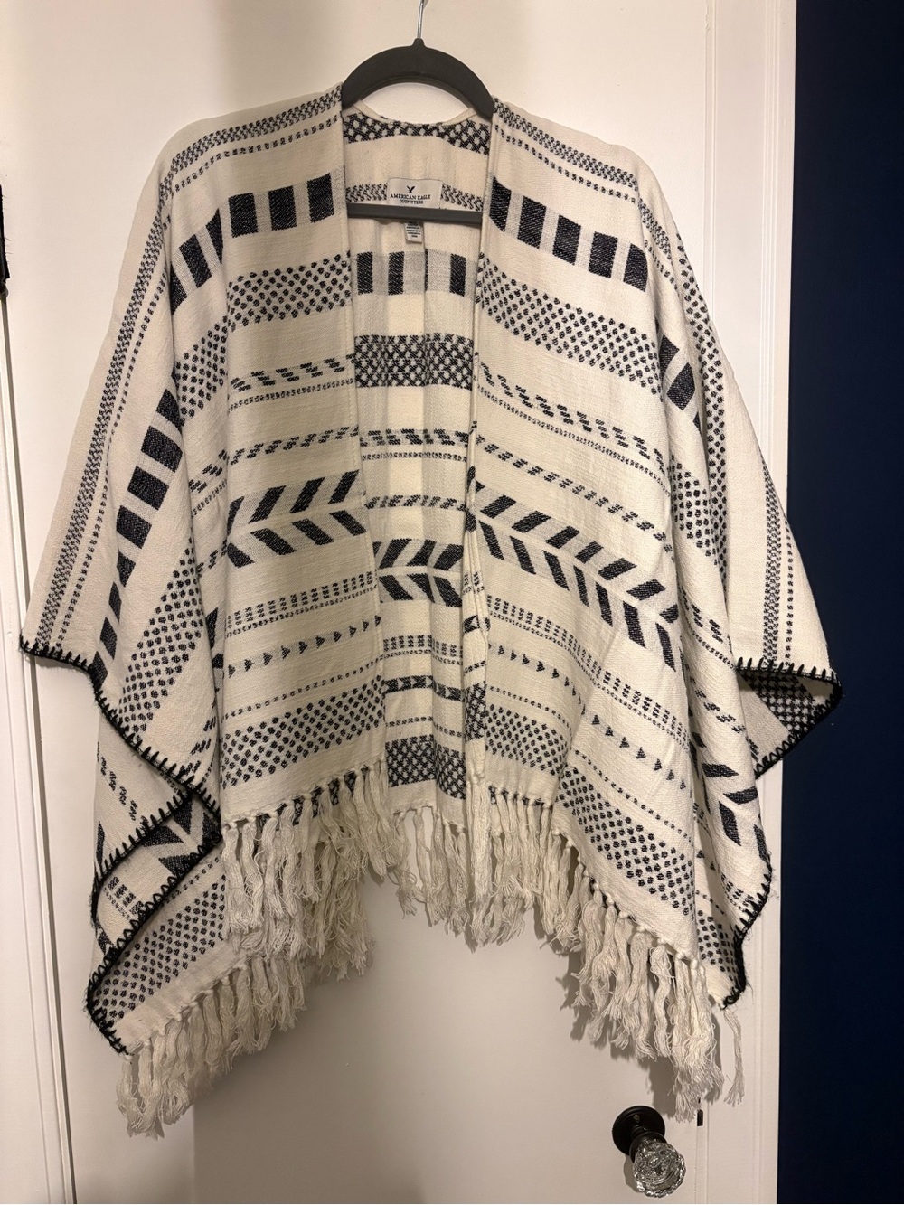 American Eagle Outfitters Cream and Black Geometric Fringe Poncho